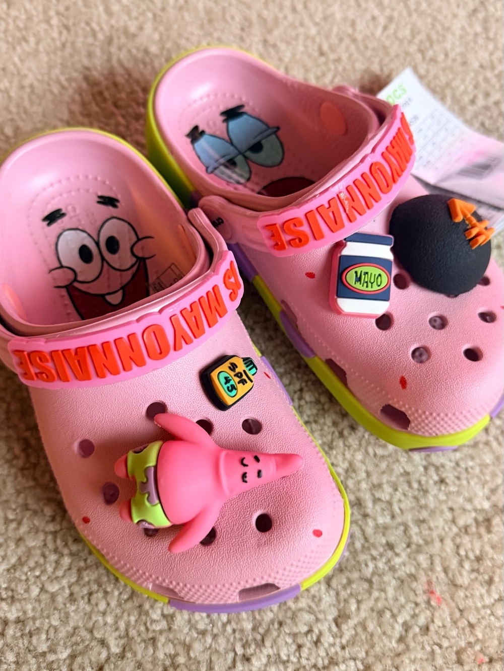 CROCS Kids Pink Clog Sandals with Lime Trim and Cartoon Charms